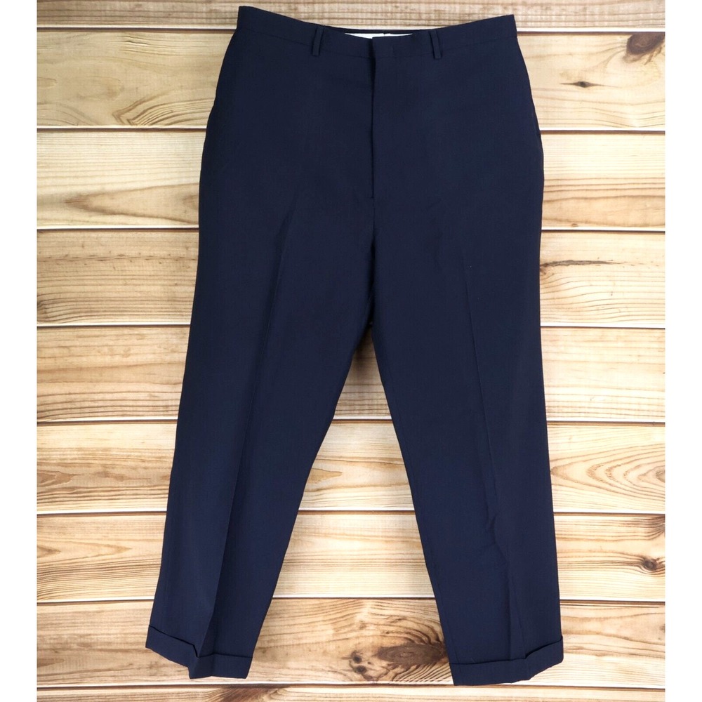 Haggar Dress Pants Mens Size 38 Dark Blue Cuffed Straight Leg Pockets Flat Front